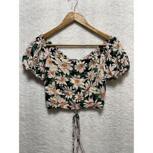 Angie Women's Floral Crop Top Size XS Puff Sleeves Lace Up Feminine Boho Summer